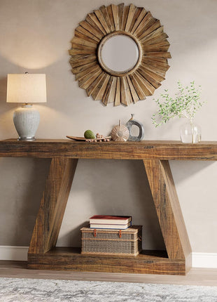 55-Inch Rustic Farmhouse Console Table with Storage - Industrial Wooden Entryway Table for Hallway and Living Room in Dark Brown