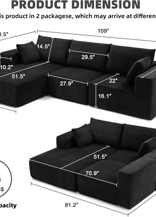 108” Modular Sectional Sofa - Modern L-Shaped Couch with Chaise for Living Room or Bedroom, Deep Seat Upholstered Design (Black, Left-Facing Chaise)
