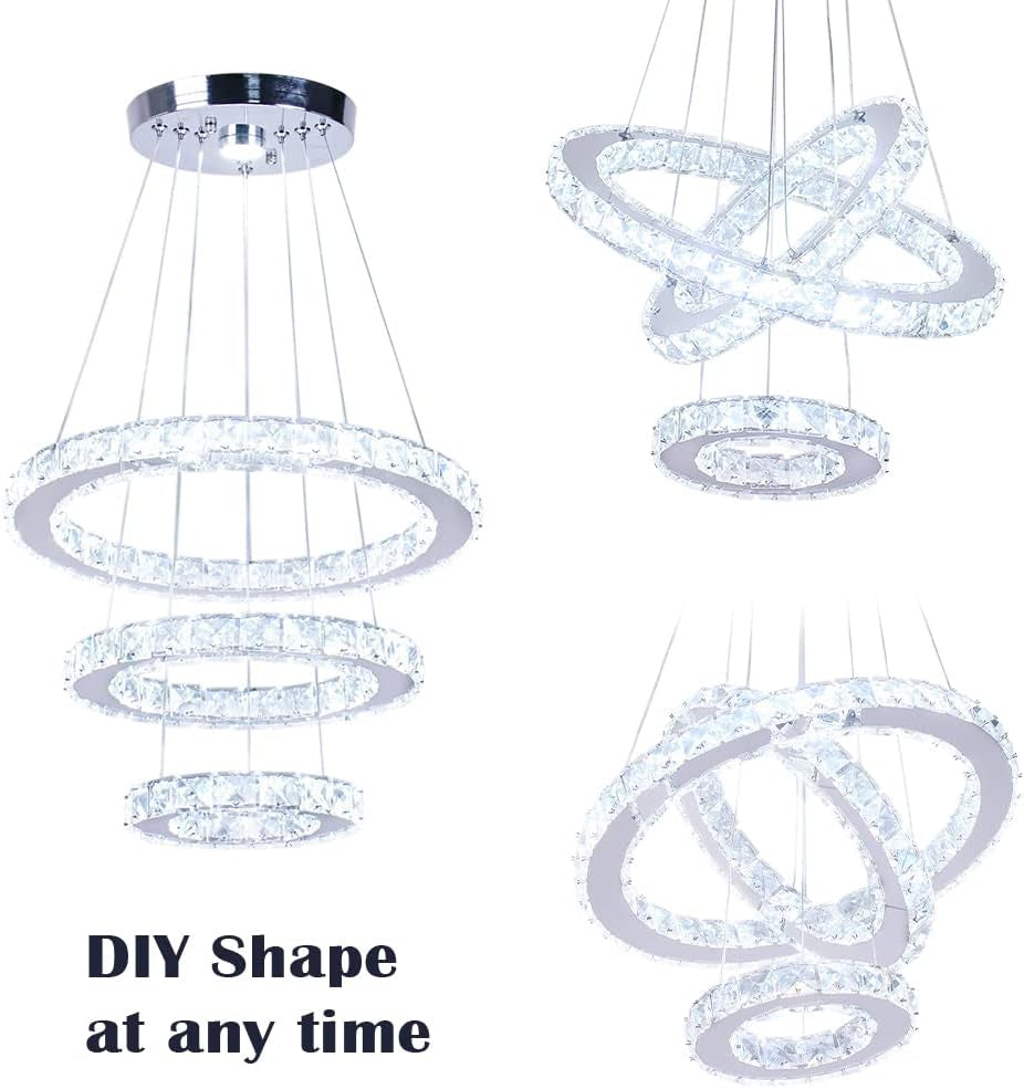 3-Ring Crystal LED Chandelier Modern Ring Pendant Light,47W Cool White (4500K-6000K) K9 Crystal&Stainless Steel, Adjustable Height for Dining Room Kitchen Island Living Room Foyer