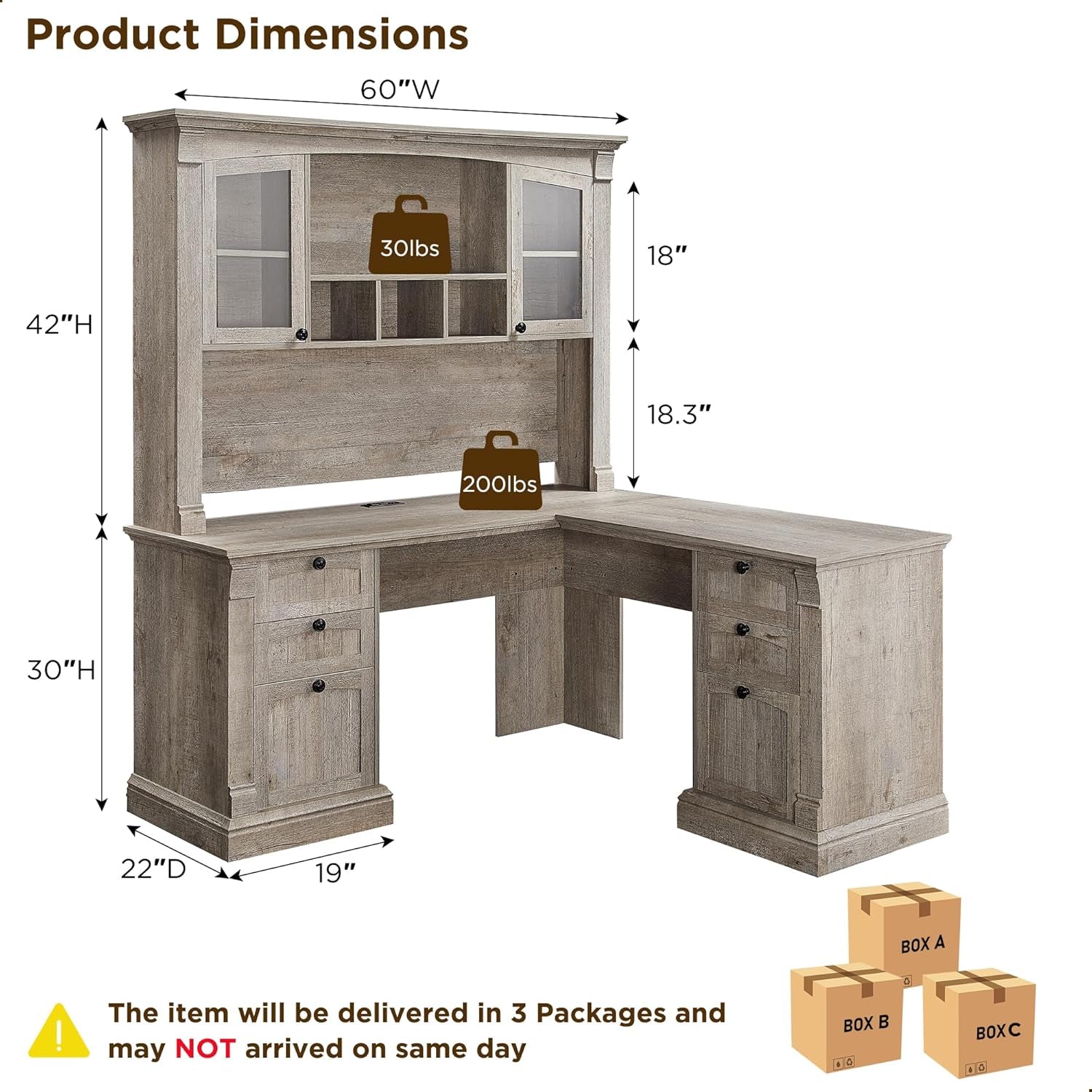 60" L Shaped Executive Desk with Hutch and Drawers, Farmhouse Home Office Desk with Charging Station, File Cabinet Storage, Wood Corner Computer Desk for Work and Study, Light Rustic Oak