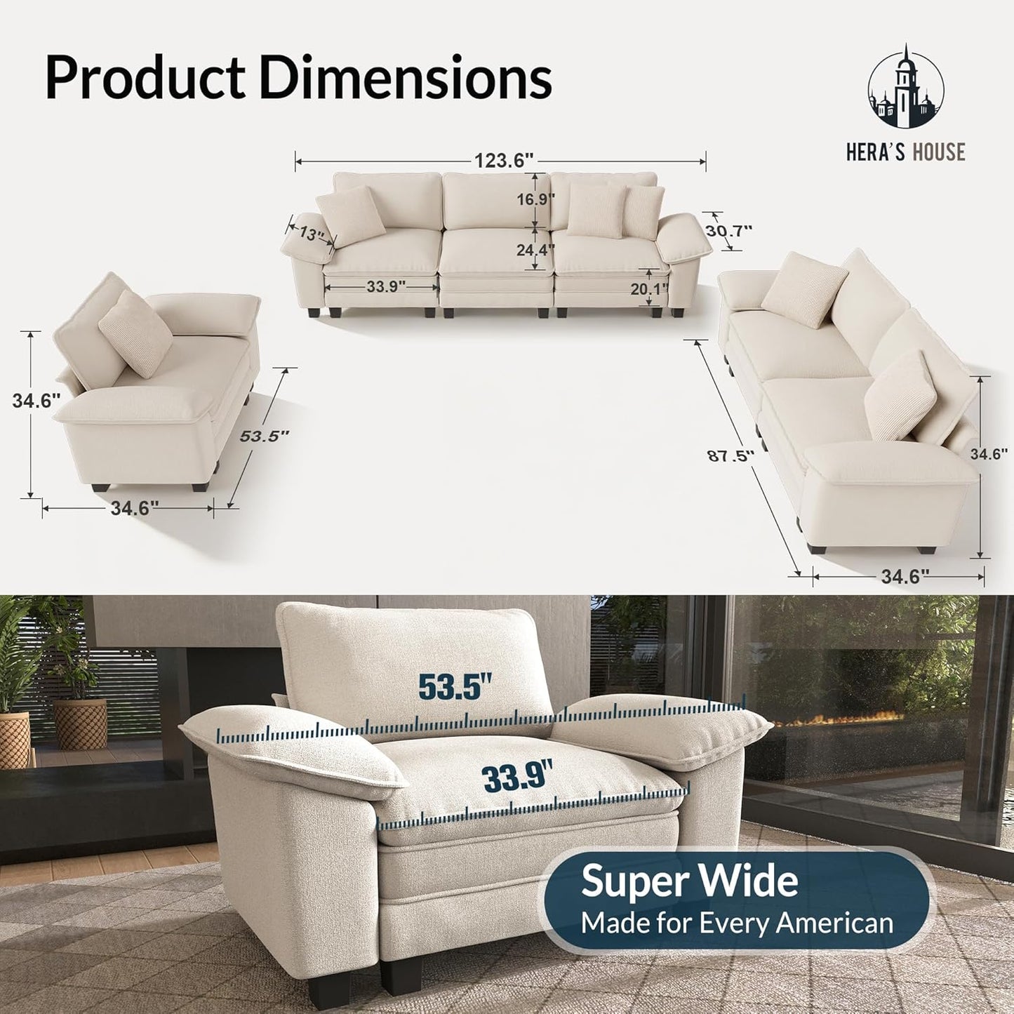 3 Pieces Modular Sectional Sofa Sets, Oversized Couch Set with Loveseats and Armchair, Comfy Cloud Couches with Throw Pillows, 6-Seater Deep Seat Sofa for Living Room, Chenille Beige