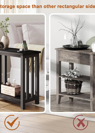 Set of 2 Black Narrow End Tables with Storage Shelf for Compact Spaces