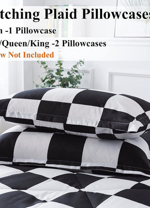 Twin Checkered Comforter Set (66x90 Inches) - Black and White Plaid Gingham Bedding for Teens and Kids, Lightweight Polyester Geometric Design, 2 Pieces