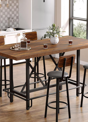 Industrial 63-Inch Rectangular Wood Dining Table with Metal Footrest and Sturdy Frame for Dining Room and Home Bar (Brown)