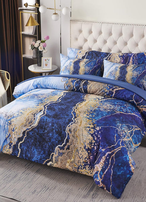 6-Piece Queen Size Bed-In-A-Bag Comforter Set in Blue Watercolor Marble Design with Coordinating Bed Sheets, Soft Lightweight Quilt Collection, Retro Artwork Style
