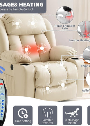 Premium Electric Power Lift Recliner Chair for Seniors with Massage and Heat Features, Includes Cup Holders, Remote Control, USB Ports, Side Pockets, Leather Finish (Cream)
