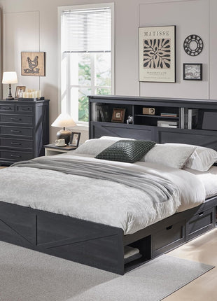 Farmhouse King Size Bed Frame with 52-Inch High Storage Bookcase Headboard, Four Drawers, LED Lighting, and Charging Station in Black