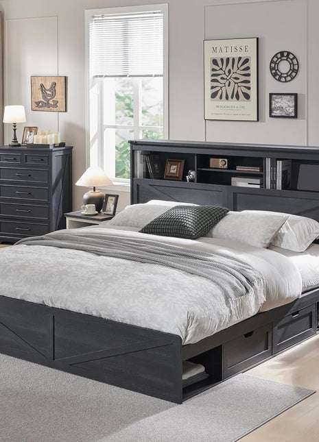 Farmhouse King Size Bed Frame with 52-Inch High Storage Bookcase Headboard, Four Drawers, LED Lighting, and Charging Station in Black