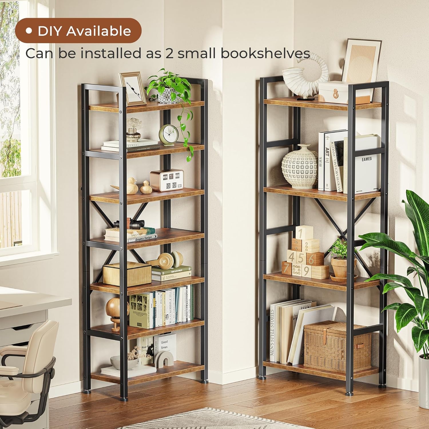 Triple Bookshelf, Bookcase with 11 Open Display Shelves, Wide Book Shelf Book Case for Home & Office, 4 Tier, Rustic Brown