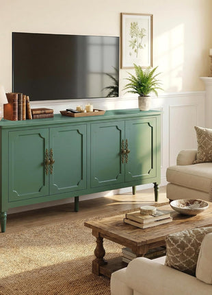 59-Inch Vintage Buffet Cabinet with Adjustable Shelves and Carved Handle, Mid-Century Modern Forest Green Sideboard for Kitchen and Dining Room
