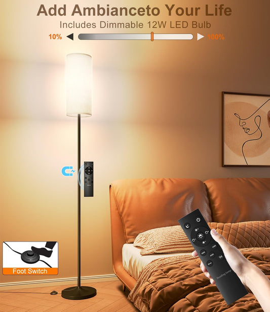 Dimmable Floor Standing Tall Lamp, 12W Led Bulb with Lampshade, Foot Switch, Remote Custom Color Temperature Pole for Bedroom, Office, Kids & Living Room, Black
