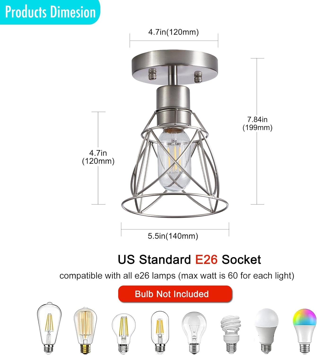 1 Light Semi Flush Mount Ceiling Light Fixture, Rustic Modern Framhouse Brushed Nickel Kitchen Ceiling Light with Metal Cage Shade for Foyer Kitchen Hallway Entryway Bedroom(1 Pack)