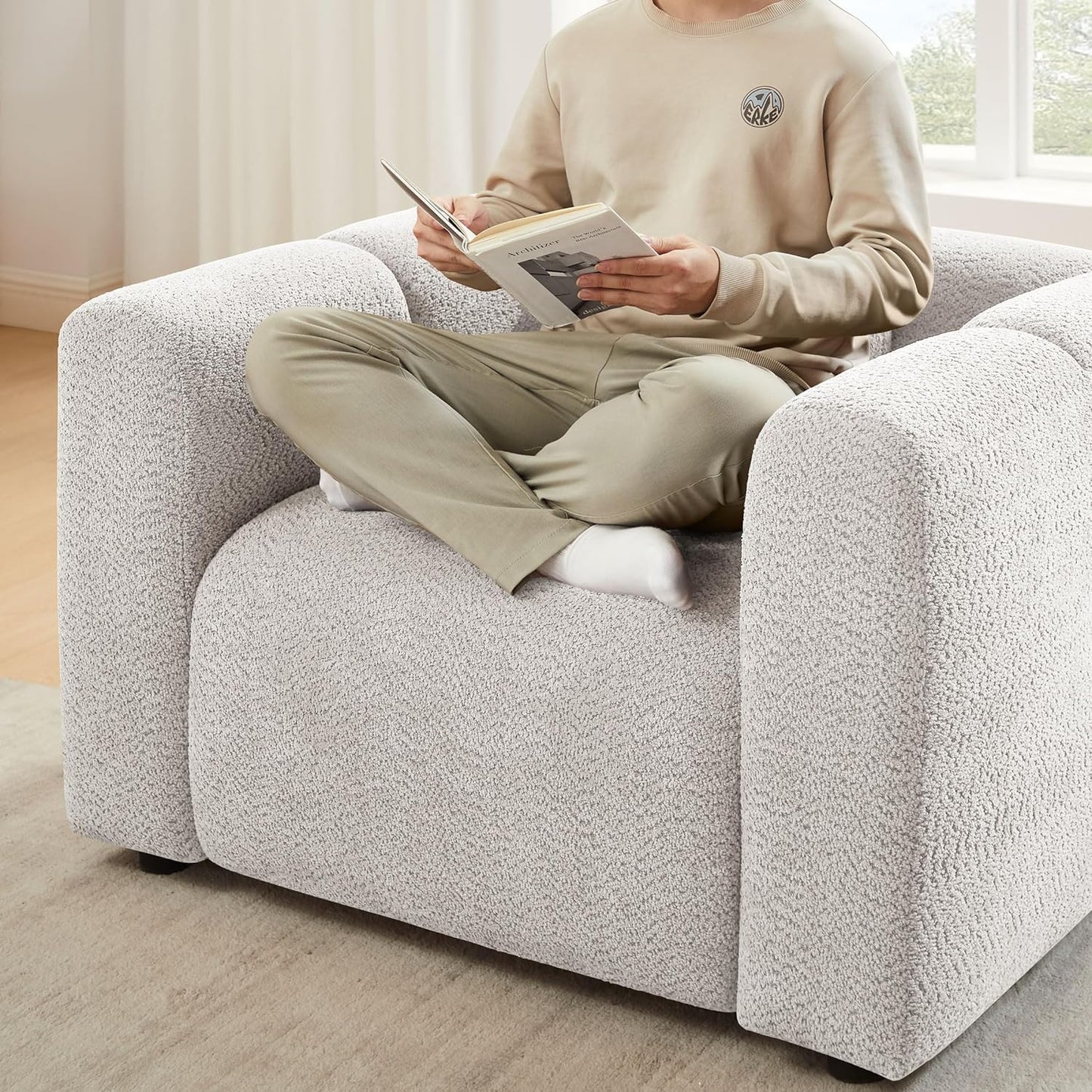 Living Room Furniture Sets Include 95" Sofa & 42" Armchairs, Boucle Upholstered Oversized Couch with Pillows, Living Room Furniture Set for Bedroom Apartment (Light Khaki, 1 Sofa+1 Chair)