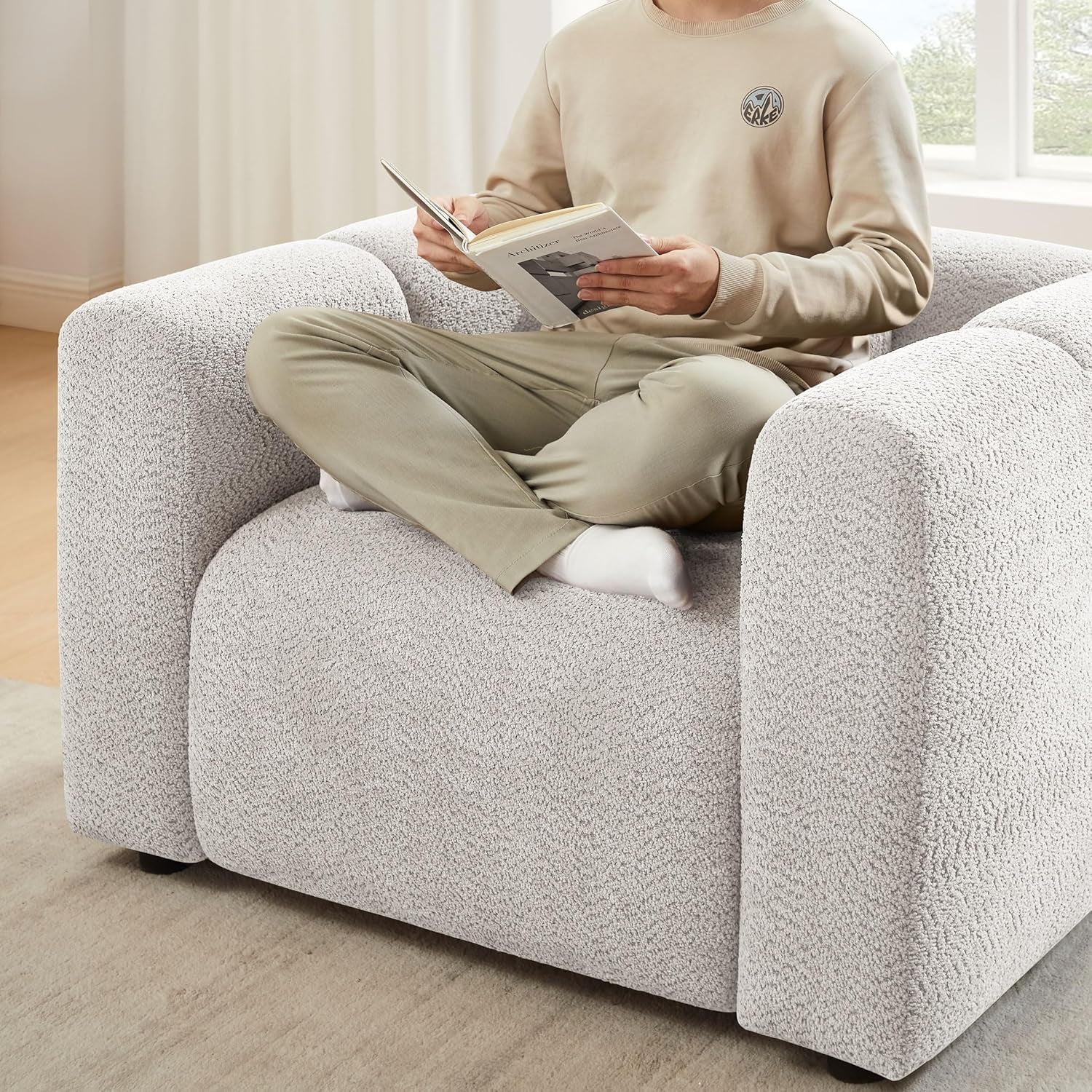 Living Room Furniture Sets Include 95" Sofa & 42" Armchairs, Boucle Upholstered Oversized Couch with Pillows, Living Room Furniture Set for Bedroom Apartment (Light Khaki, 1 Sofa+1 Chair)