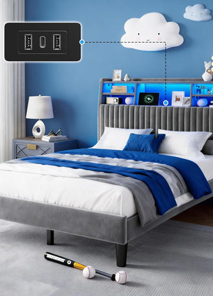 Full-Size Bed Frame with Vertical Channel Tufted Headboard, Integrated Storage Shelves, Velvet Upholstery, Charging Station, LED Lighting, Wooden Slats, and Noise-Free Design in Grey