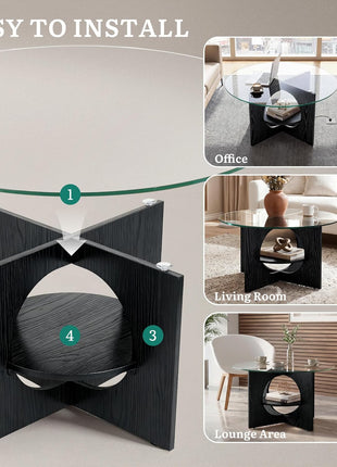 Contemporary Round Coffee Table with Dual-Tier Glass Design and Storage, Versatile Centerpiece for Living Room, Office, and Lounge, Black