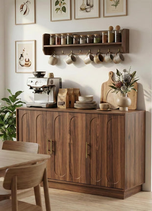 46.6" Modern Farmhouse 3-Door Storage Cabinet, Rustic Brown Sideboard Buffet with Gold Accents, Spacious Fluted Wood Credenza for Dining and Living Spaces, Coffee Bar