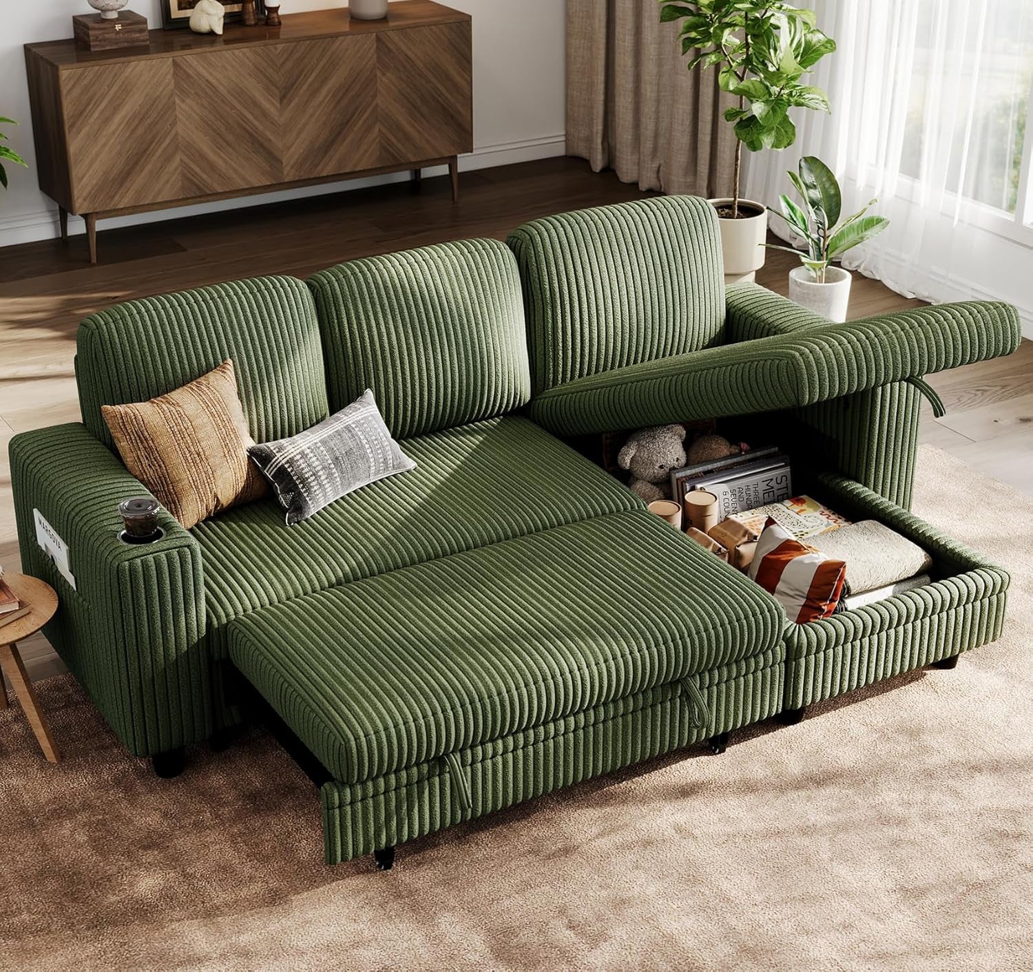 Sectional Sleeper Sofa Pull Out Couches for Living Room (Green, Sleeper Sofa 1) | Pull Out Sofa Bed, Storage, USB Charging, Cup Holders, Plush Corduroy