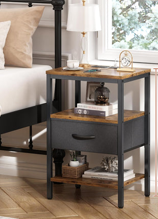 Rustic Brown and Black Nightstand with Integrated Charging Station, Adjustable Fabric Drawer, and 3-Tier Storage for Bedroom and Living Room
