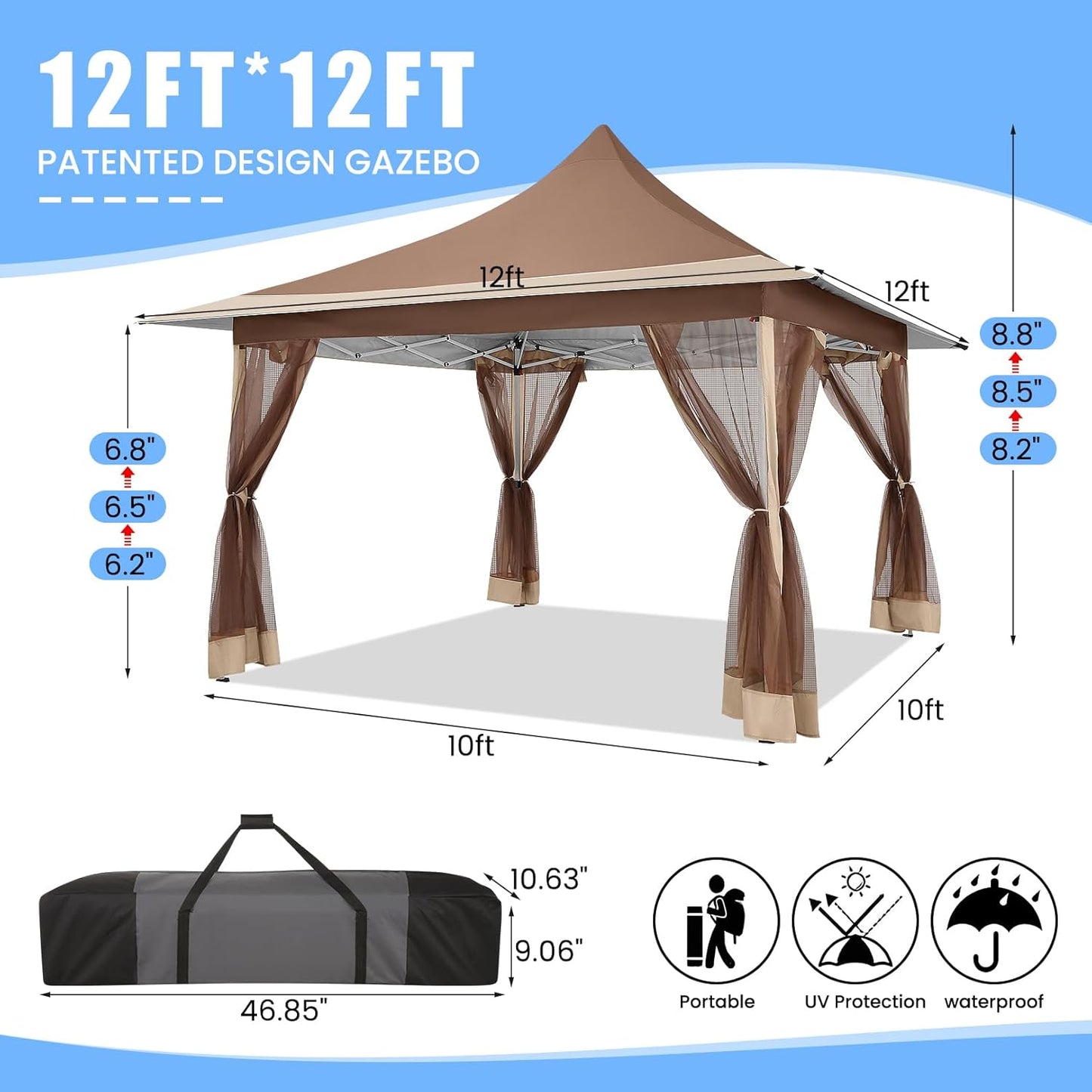 12X12 Pop up Canopy Gazebo on Clearance, Outdoor Canopy Tent with Mosquito Netting & Waterproof Roof & Sandbags & Carrying Bag,Patio Portable Gazebo for Garden,For Backyard,Brown