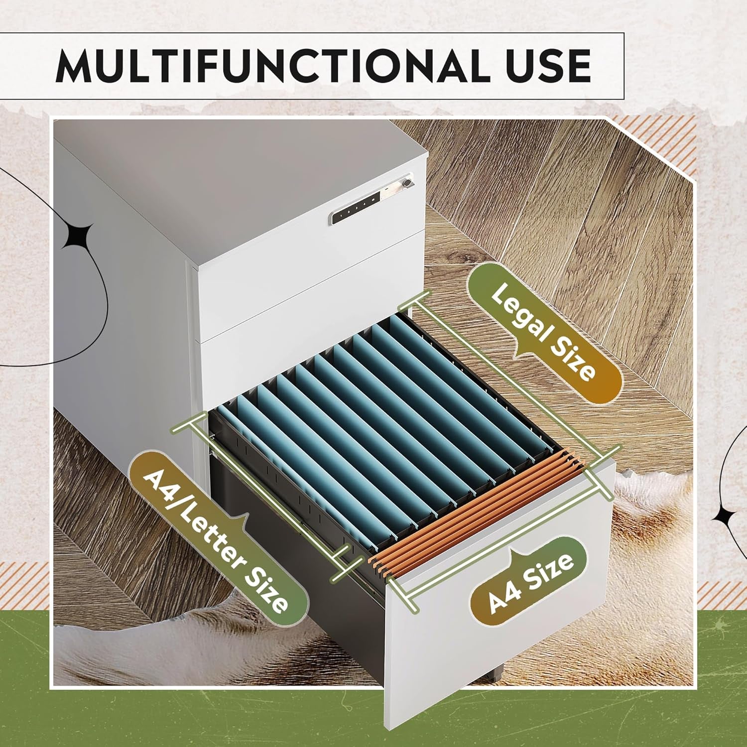 3 Drawer File Cabinet with Combination Lock，Fully Assembled Metal Filling Cabinet except Wheels, Mobile under Desk File Cabinets for Home Office, White