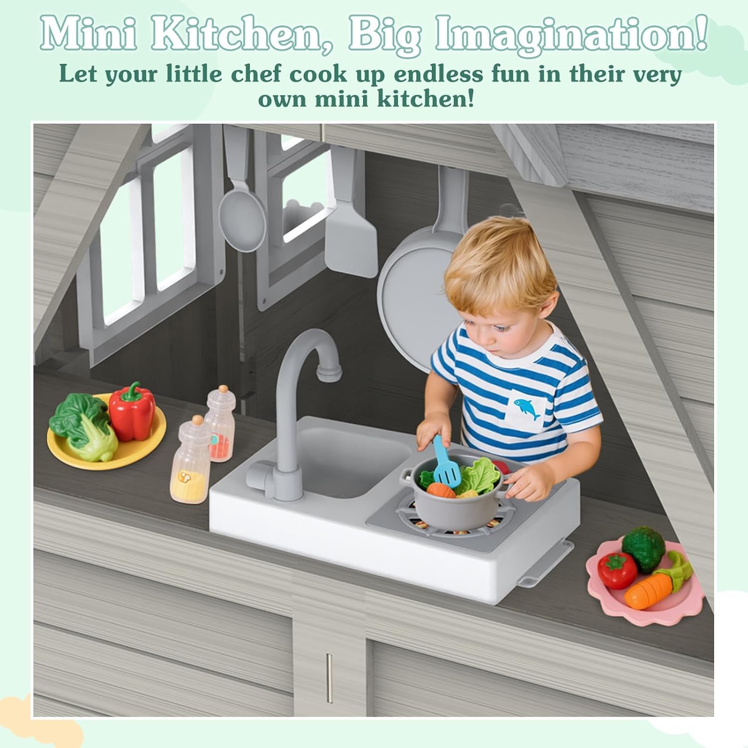 Kids Outdoor Cedar Playhouse, Weather-Resistant Gray Wooden Play House for Ages 3–8 with Play Kitchen, Working Doorbell, Toy Phone & Flowerpots — Durable Backyard Gift for Creative & Social Play