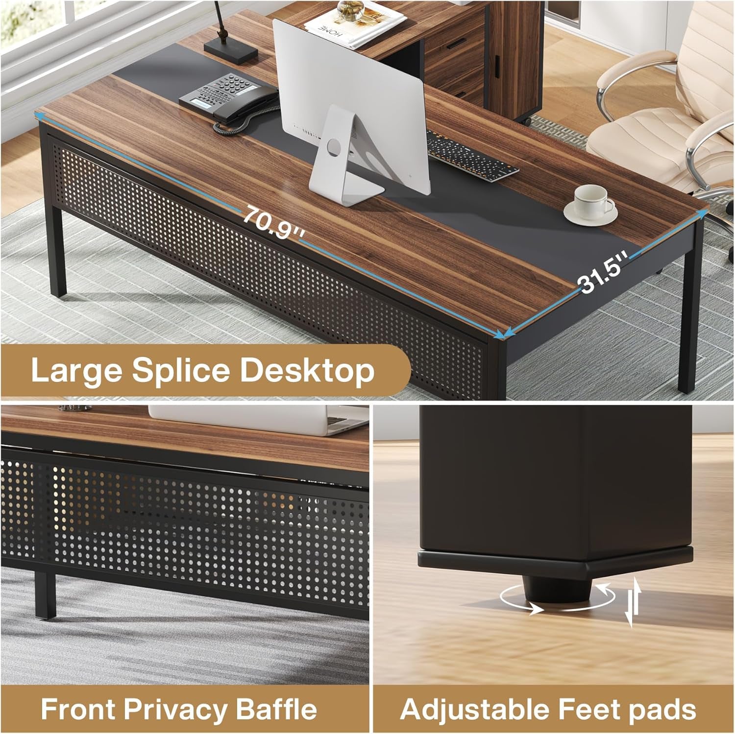 71 Inch Executive Desk, L Shaped Desk with Mobile File Cabinet, Executive Office Table with 2 Drawers and Storage Shelves, Business Furniture Workstation for Home Office, Walnut and Black