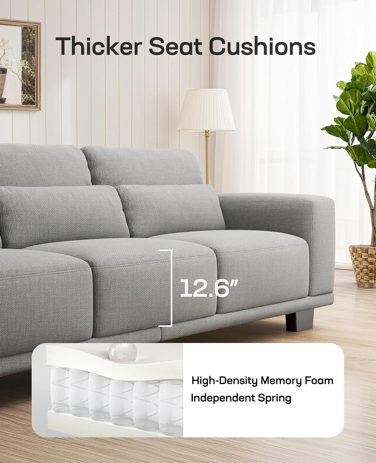 3-Seater Modern Sofa, 89" Couch with Wide Armrests & Deep Cushions, Linen Sofas with Removable Washable Covers for Living Room, Grey