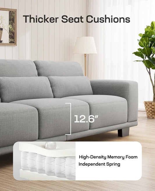 3-Seater Modern Sofa, 89" Couch with Wide Armrests & Deep Cushions, Linen Sofas with Removable Washable Covers for Living Room, Grey