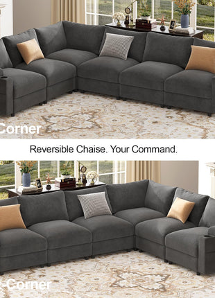 FSC Certified Velvet Oversized Grey U-Shaped Modular Sectional Sofa with Detachable Chaise and Armrest Cushions - Seats 6