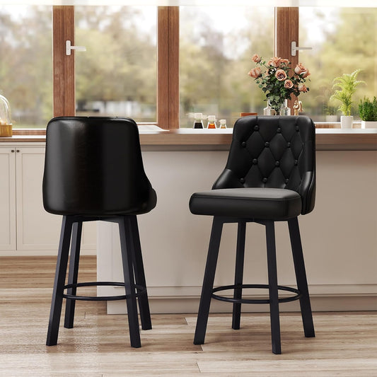 Swivel Barstools Set of 2, 26’’H Modern Counter Height Barstool with Metal Legs,Faux Leather Upholstered Bar Stools with Back for Kitchen Island, Dining Room, Pub - Black 2PACK