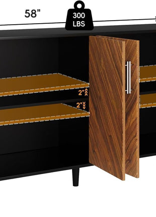 58-Inch Buffet Cabinet with Storage and Adjustable Shelves, Coffee Bar Cabinet Featuring Four Spacious Doors for Living Room and Kitchen, Black Finish