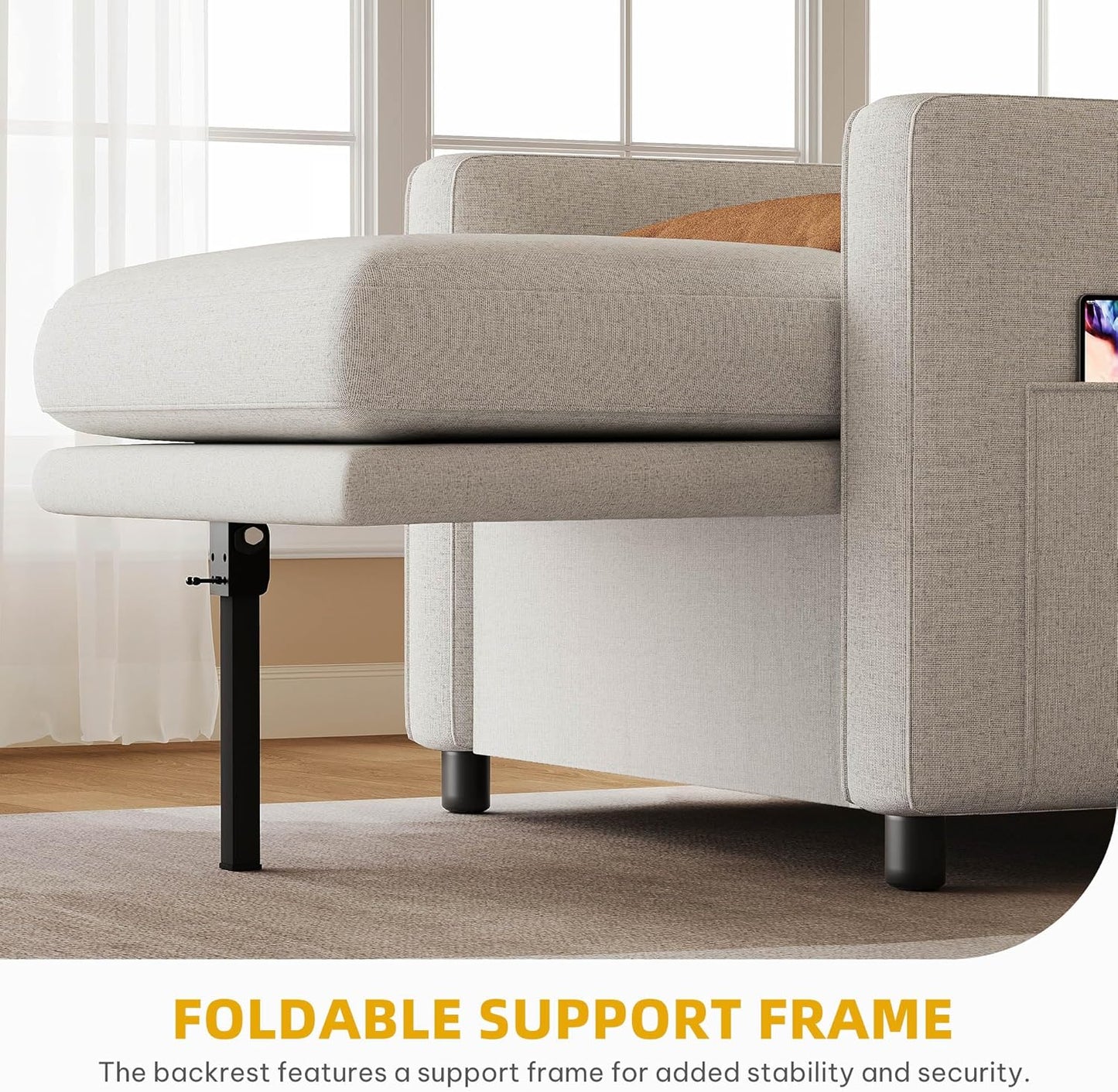 Convertible Sleeper Chair, 3-In-1 Sofa Bed with Pull-Out Bed, 75" Single Sleeper Couch with Reclining Backrest and Wide Armrest, Linen Futon Couch for Dorm Apartment, Beige