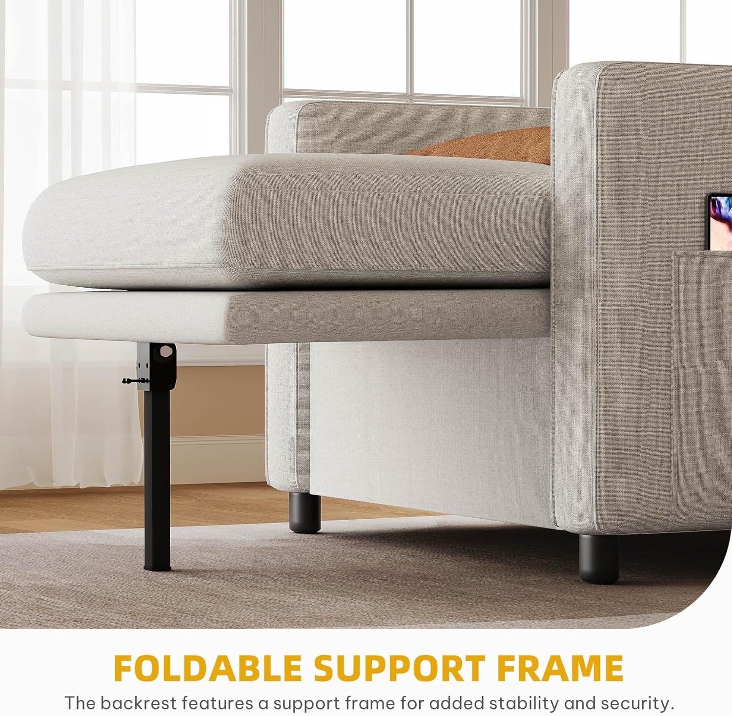 Convertible Sleeper Chair, 3-In-1 Sofa Bed with Pull-Out Bed, 75" Single Sleeper Couch with Reclining Backrest and Wide Armrest, Linen Futon Couch for Dorm Apartment, Beige