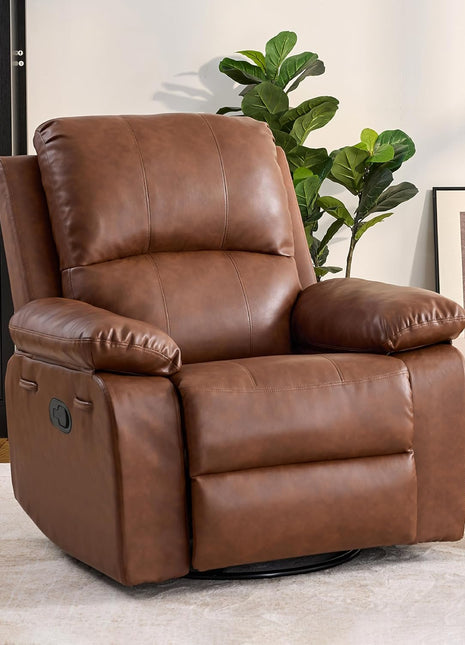 360° Swivel Rocking Leather Recliner Chair for Adults - Overstuffed Manual Recliner with Spring Cushion, Nursery Glider Sofa with Side Pockets in Camel
