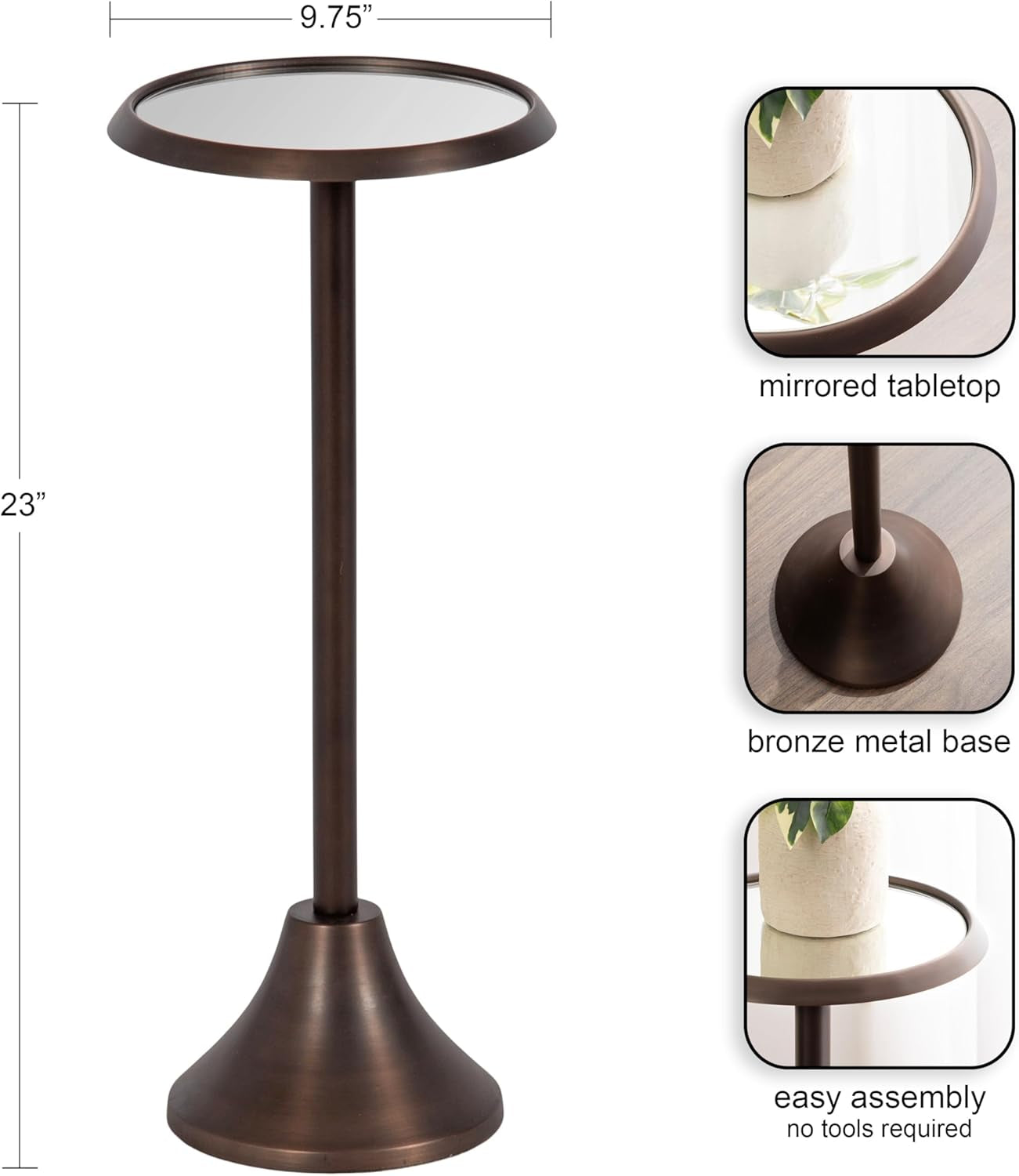 Sanzo Modern Pedestal Drink Table; 10 X 10 X 23; Antique Bronze; Decorative End Table with Mirrored Tabletop for Use as Small Plant Stand or Cute Martini Table