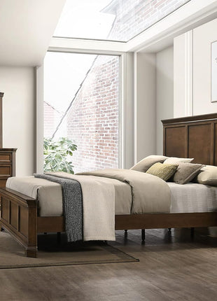 Maderne Traditional King Wood Panel Bed Set with Dresser, Mirror, Two Nightstands, and Chest in Antique Walnut Finish