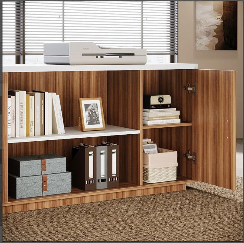 85.8-Inch L-Shaped Executive Office Desk with File Drawers & Storage Cabinet, Professional Corner Computer Desk Extra Large Business Workstation with Adjustable Shelves (White&Walnut)