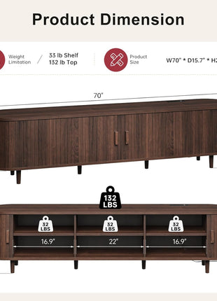 70-Inch Mid-Century Modern Television Stand with Sliding Doors, Power Outlet, Adjustable Shelves, Fluted Design, and Walnut Finish