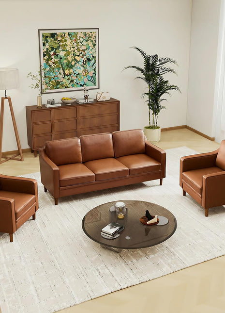 Mid Century Modern 3-Seater Sofa and Loveseat Set, Faux Leather Couch with Solid Wood Frame for Living Room and Bedroom, Dark Brown