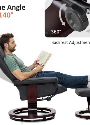Manual Swivel Recliner and Ottoman Set for Compact Spaces - Dark Grey Faux Leather for Living Room, Bedroom, and Office