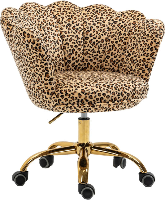 Comfy Home Office Task Chair with Wheels, Cute Modern Upholstered Velvet Seashell Back Adjustable Swivel Vanity Desk Chair, for Women, for Girls, Living Room(Leopard Stripe)