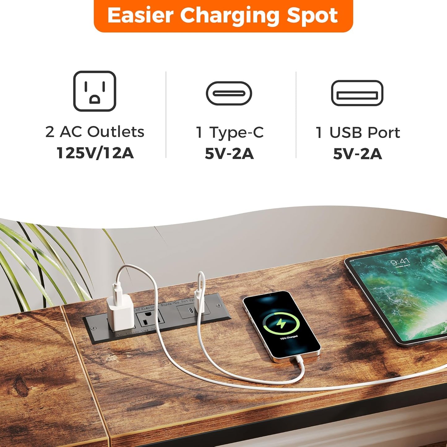 70 Inch Console Table with Outlet, Sofa Table with Charging Station, Narrow Entryway Table, Skinny Hallway Table, for Living Room, Rustic Brown