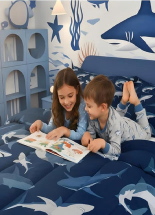 Boys Shark Ocean Sealife Bedding Set - Comforter and Duvet Insert for Kids and Teens, Nautical Marine Life Quilt, Queen Size Navy Blue Bedroom Decor