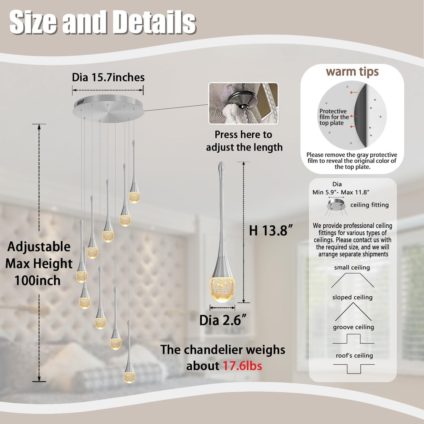 9-Lights Crystal Chandeliers for Staircase Modern Chandeliers for High Ceilings Crystal Pendant Light Fixture for Living Room Kitchen Island Foyer Hallway Bar