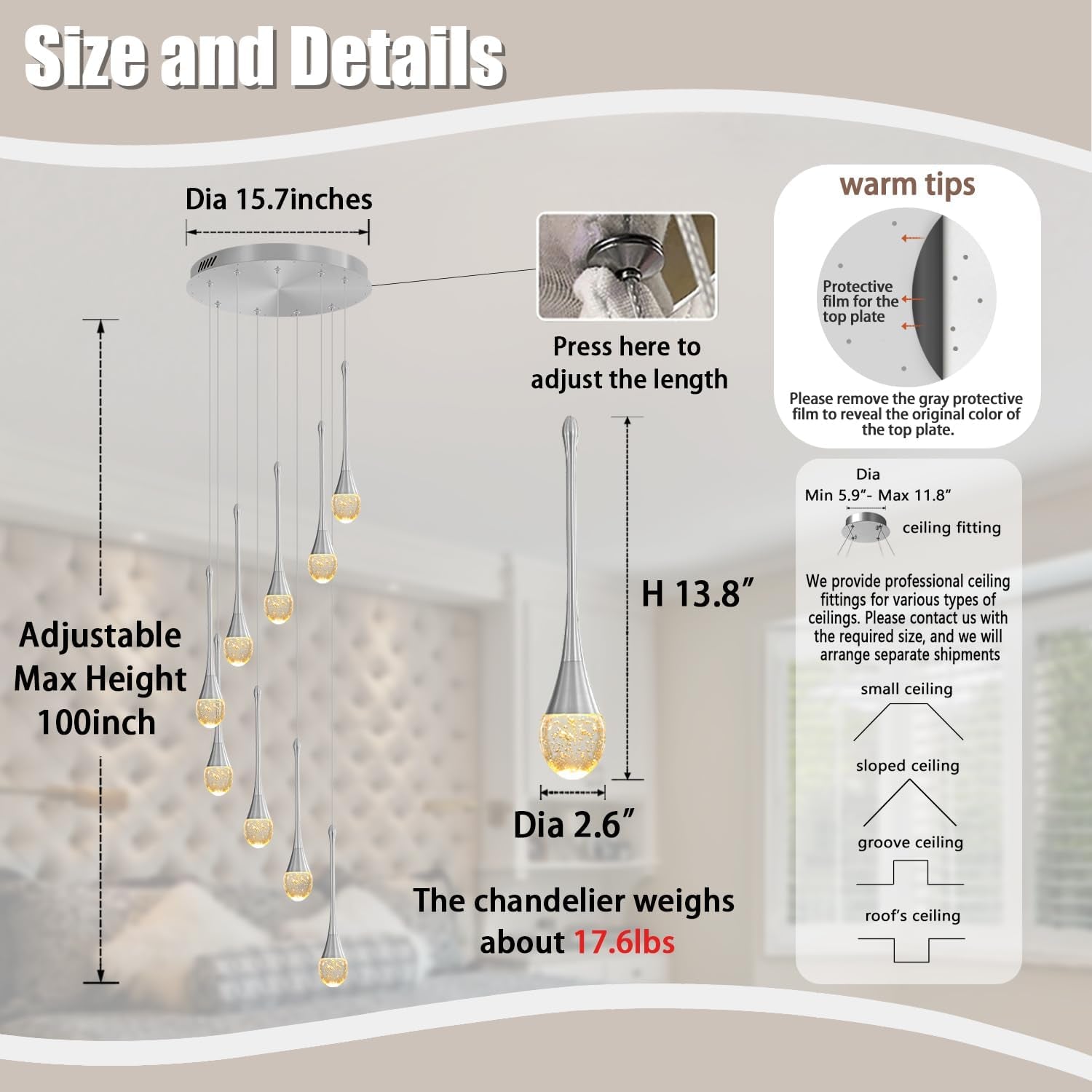 9-Lights Crystal Chandeliers for Staircase Modern Chandeliers for High Ceilings Crystal Pendant Light Fixture for Living Room Kitchen Island Foyer Hallway Bar