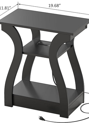 Black End Table Set of Two with Integrated Charging Station, USB Ports, and Outlets, 3-Tier Nightstand with Storage Shelf for Living Room and Bedroom