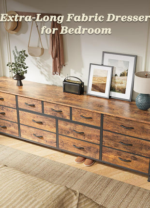 70-Inch Rustic Brown Dresser and Entertainment Center with 13 Fabric Drawers, Compatible with 65 to 80 Inch TVs