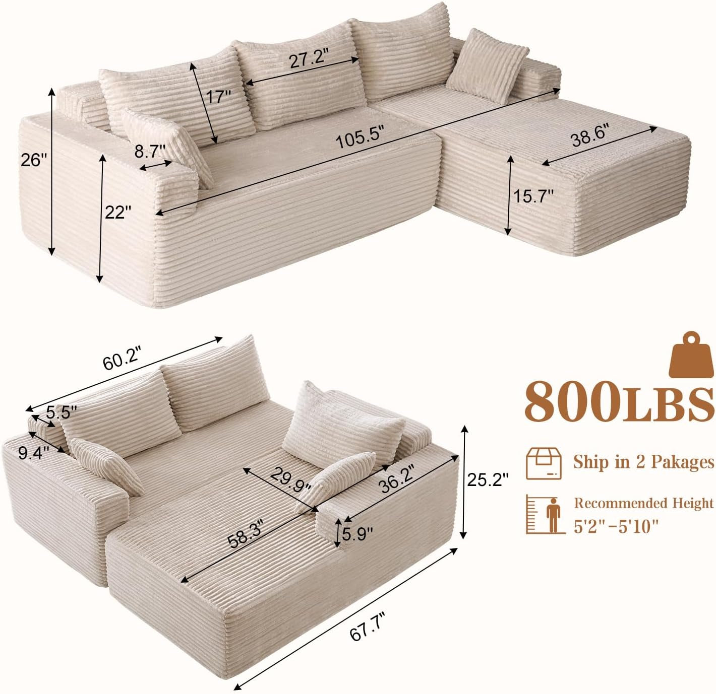 105" Cloud Sectional Couch with L-Shape Chaise,Modern Modular Sofa with Deep Seat, Upholstered Couches for Living Room Bedroom,No Assembly Required, Beige(Plush Corduroy Fabric)