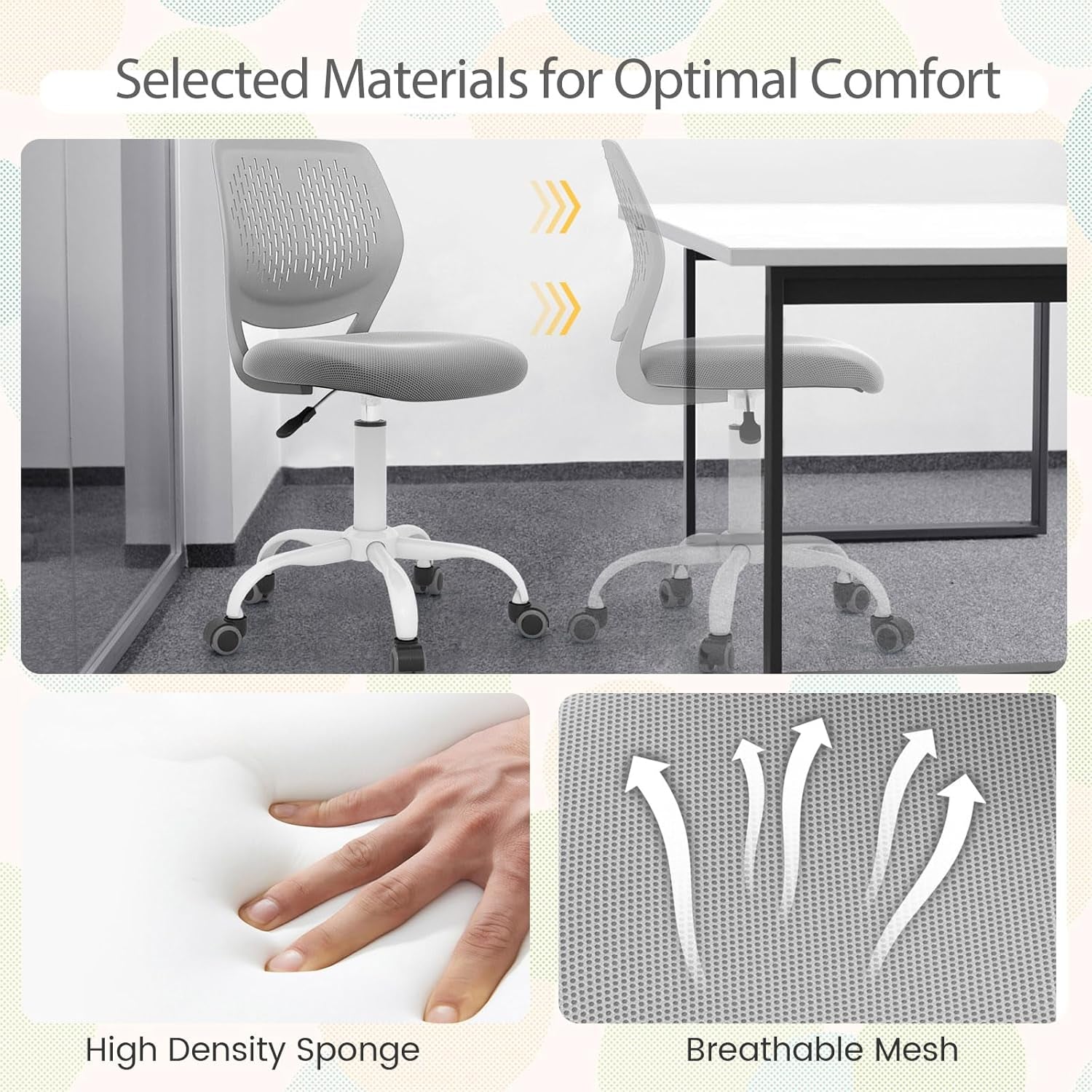 Small Home Office Desk Chair, Swivel Rolling Study Computer Chair, Adjustable Height Task Chair with Armless Mid Back, Upholstered Mesh Seat, Grey